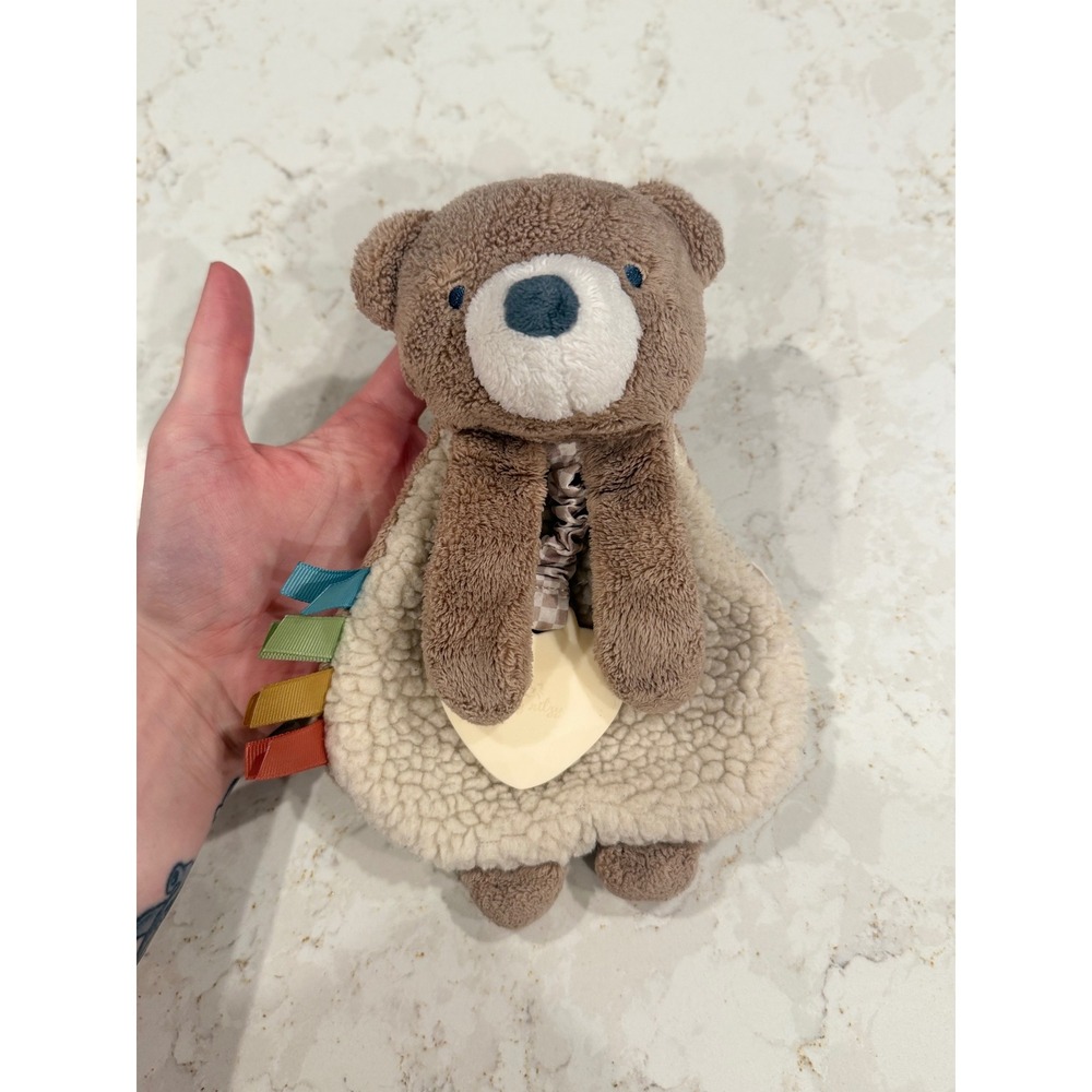 Itzy Ritzy Ritzy Teether Pal Brown Bear Plush Sensory Toy with Heart Teether
